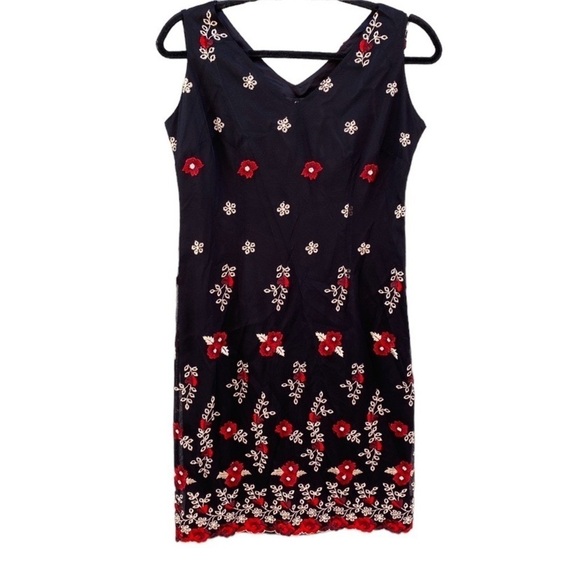 Vintage Carole Little Black Embroidered Floral Mesh 90s Y2K Sleeveless Dress 4 - Picture 1 of 11